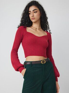 Cider Knit V-neck Solid Lantern Sleeve Crop Top - NEW - XL